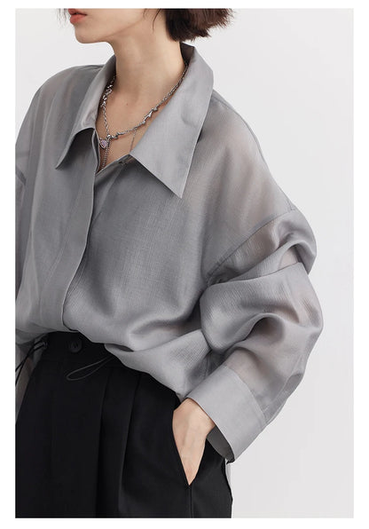 CHIC VEN Women Thin Shirt Long Sleeve Casual Loose Slightly Transparent Cool Blouses Woman Solid Design Female Top Summer 2024