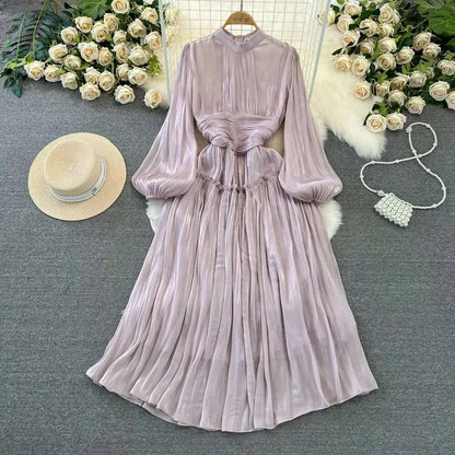 Elegant Long Sleeve Midi Party Dresses Women Summer Autumn Bright Faux Silk Retro Solid Evening Party Vestidos