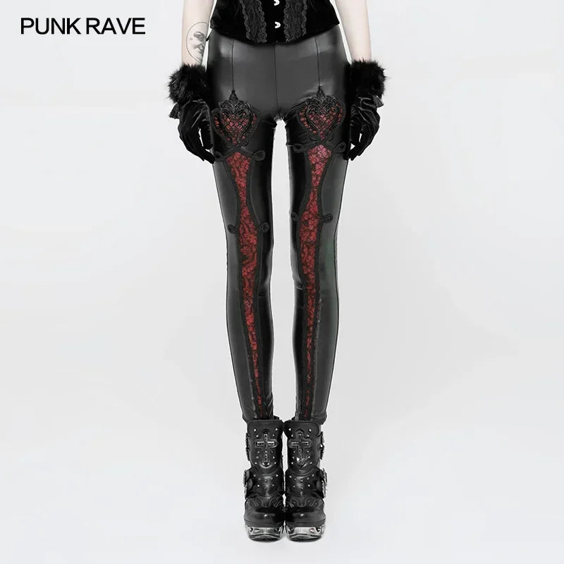 PUNK RAVE ゴシック エラスティックウエスト フラワー刺繍 レザー レギンス ヴィンテージ エンボス メッシュ レース クラブ パーティー セクシー レディースパンツ