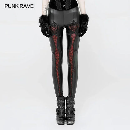 PUNK RAVE ゴシック エラスティックウエスト フラワー刺繍 レザー レギンス ヴィンテージ エンボス メッシュ レース クラブ パーティー セクシー レディースパンツ