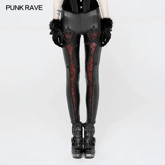 PUNK RAVE ゴシック エラスティックウエスト フラワー刺繍 レザー レギンス ヴィンテージ エンボス メッシュ レース クラブ パーティー セクシー レディースパンツ