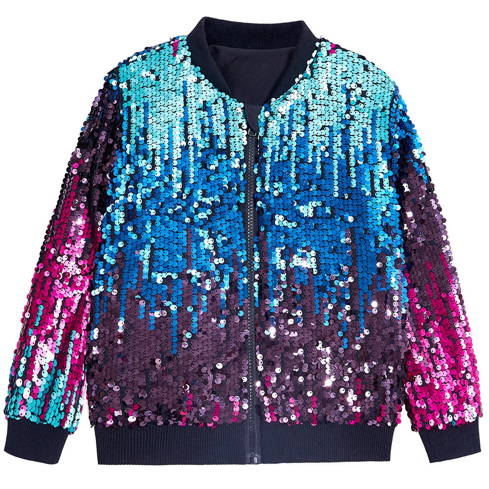 Luxury Sequin Zip Up Rainbow Gradient Coat Shiny Beaded Bomber Jacket Club Dance Streetwear Drop Shoulder Cardigan Tops Abrigos