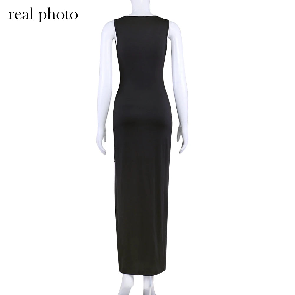 Goth Dark Gothic Coquette Sleeveless V-Neck Mid Dress Punk Sexy High Split Hem Corn Bandage Party Dresses Women Slim Streetwear