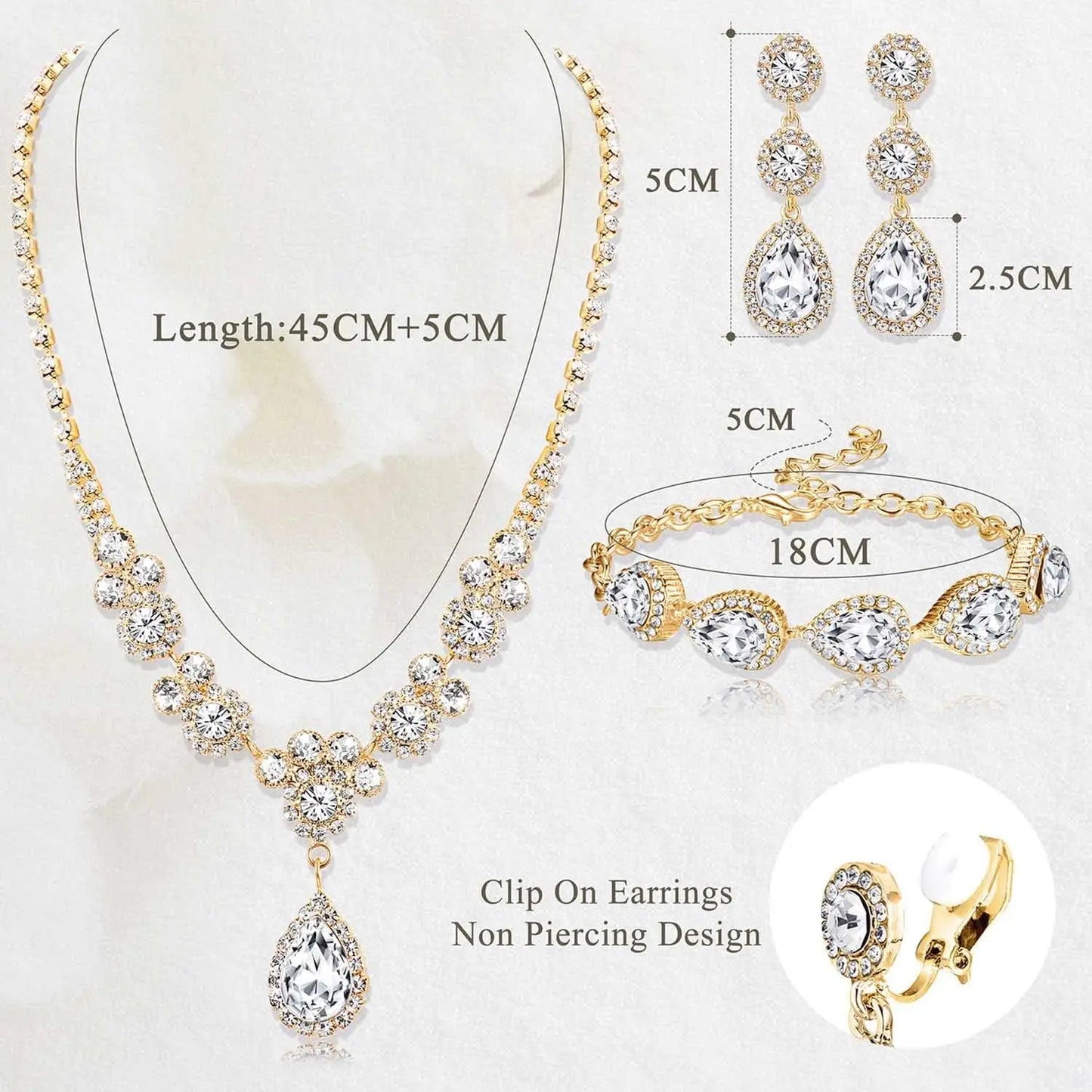 Florideco Rhinestone Bridal Jewelry Set Necklace Bracelet Earrings for Brides Bridesmaid Teardrop Pendants for Wedding Prom