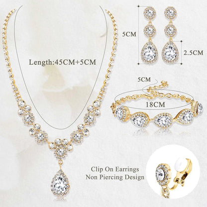 Florideco Rhinestone Bridal Jewelry Set Necklace Bracelet Earrings for Brides Bridesmaid Teardrop Pendants for Wedding Prom