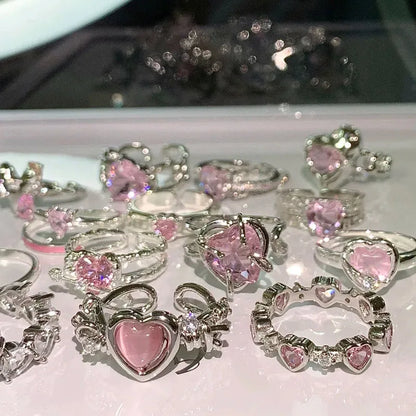 Adjustable Crystal Rings Y2K Pink Irregular Geometry Vintage Bowknot Heart Ring Set for Women Girl 2023 New Fashion Jewelry Gift