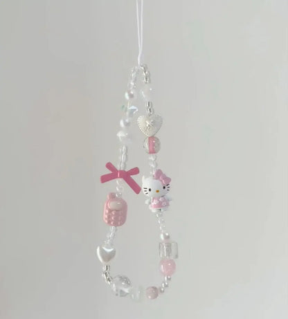 New Anime Cartoon Sanrio Hello Kitty Beaded Phone Chain Cute Girl Ccd Camera Backpack Pendant Decoration Friends Birthday Gift