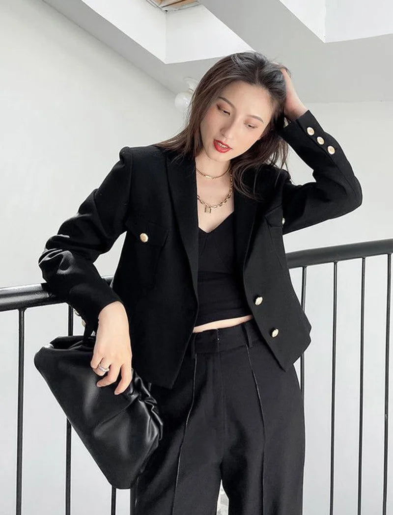 Zoki Casual Black Blazer Coats Women Fashion Slim Long Sleeve Elegant Short Jackets Fall Korean Double Buttons Office Lady Tops