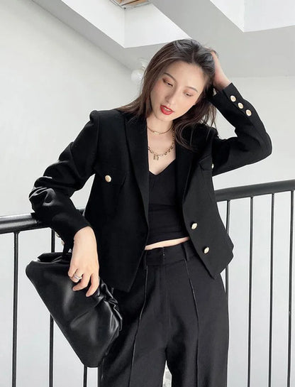 Zoki Casual Black Blazer Coats Women Fashion Slim Long Sleeve Elegant Short Jackets Fall Korean Double Buttons Office Lady Tops