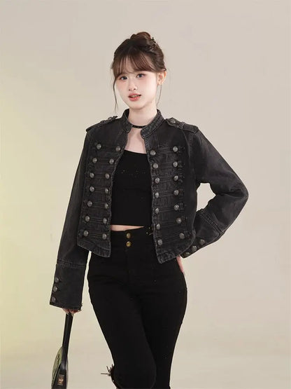 Women's American Retro Denim Military Inspired Cropped Jacket Long Sleeve Stand Collar Casual Motorcycle Coat