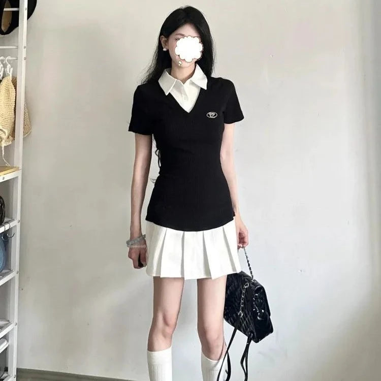 レディースポロカラー プリーツミニワンピース 春秋 ヴィンテージ プレッピースタイル シャツワンピース スリムフィット 長袖 韓国風