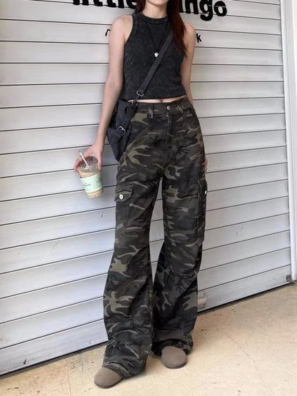 アメリカンレトロ カモフラージュ ゆったりストレートレッグ ワークパンツ レディース ストリートデザイン センセーション デニム ハイストリート ロングジーンズ