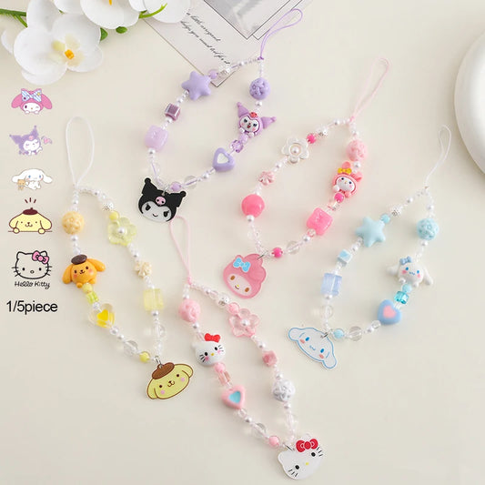 1/5piece Hello Kitty Kuromi Melody Cinnamoroll Pom Pom Purin Sanrio Cartoon Phone Rope Acrylic Hanging Rope Pendant