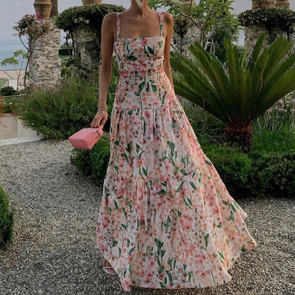 Summer Sexy Off Shoulder Vacation Long Dress Women Elegant Floral Print Hollow Party Dress Fashion Sleeveless Pleated Bohe Dress