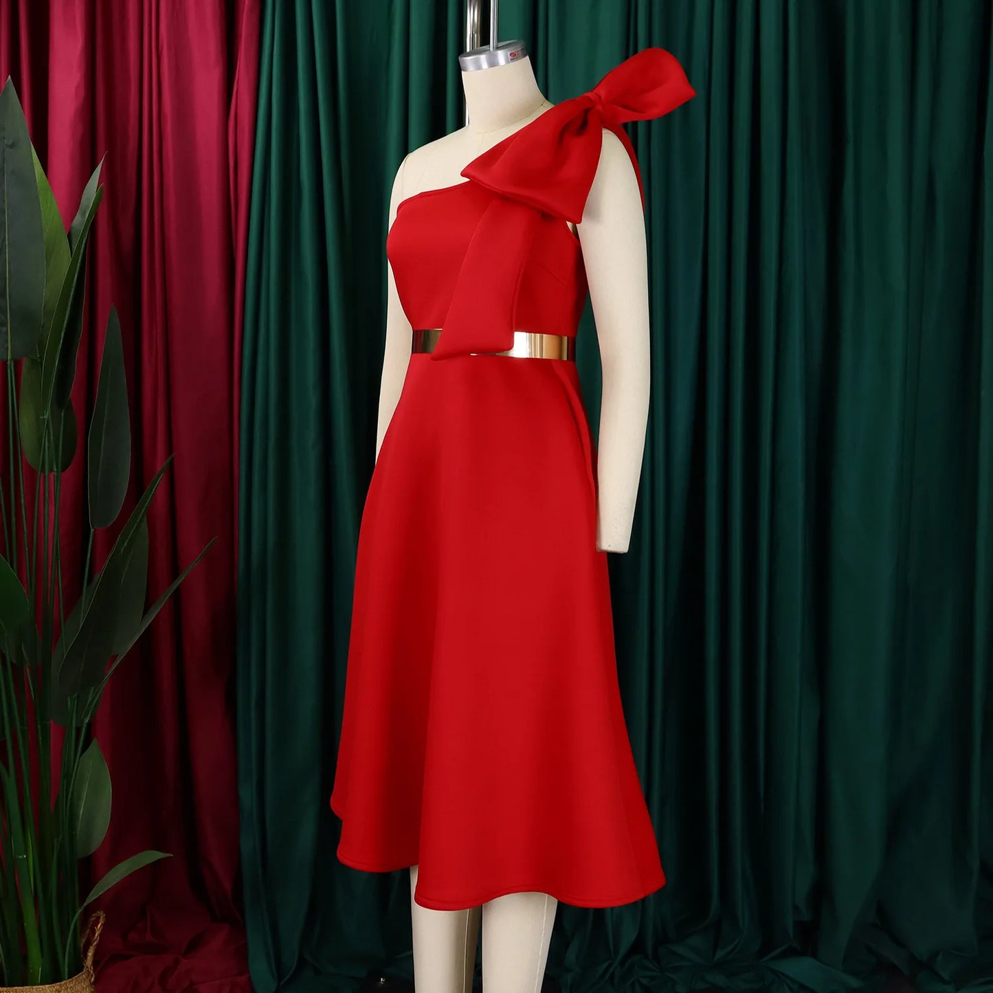 French One Shoulder A Line Pleated Birthday Party Dresses Women Bow Sleeveless Belt Large Skirt Elegant Women's Party Dress