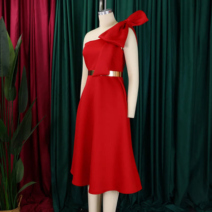 French One Shoulder A Line Pleated Birthday Party Dresses Women Bow Sleeveless Belt Large Skirt Elegant Women's Party Dress