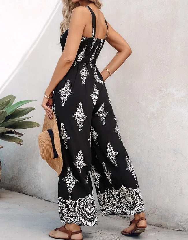 Summer New Women's Woven Position Printing Halterone-piece Overall Pants with Pockets Wide-leg Pants