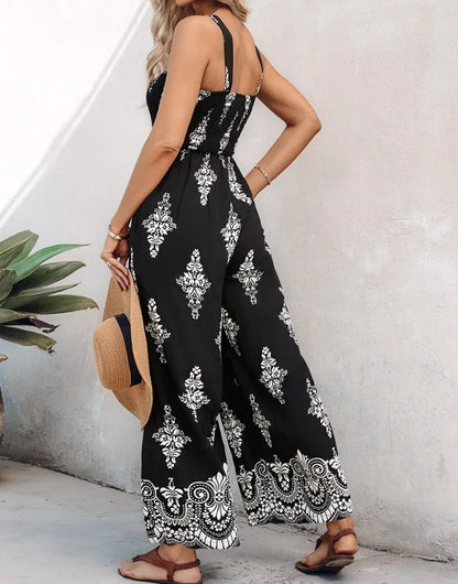 Summer New Women's Woven Position Printing Halterone-piece Overall Pants with Pockets Wide-leg Pants