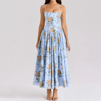 Mingmingxi Summer Floral Print Dress Elegant 2025 New Arrivals Spaghetti Strap Flare Dress Maxi Holiday Party Dresses Women
