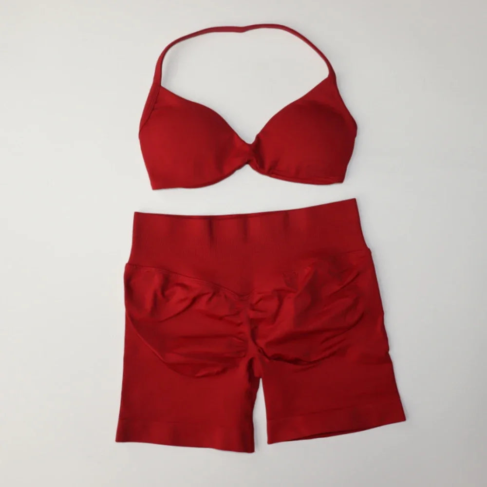 Gym Set Women Two Piece Strappy Yoga Bra Top Workout Scrunch Shorts Suit Fitness Clothes Seamless Sportswear Workout Set