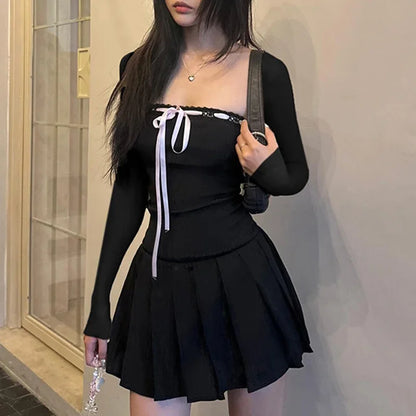 ブラックレースアップ スクエアカラー ドレス ファッション レディース バレエコア 美学 ボディコン 長袖 ミニドレス 韓国スタイル