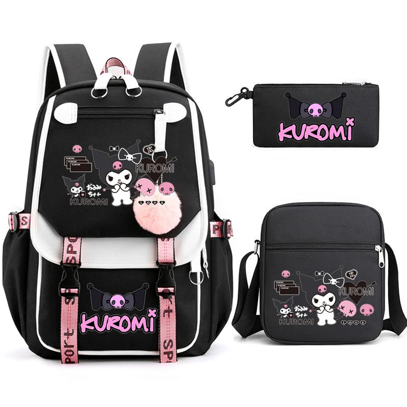 Kuromi Student Backpack 3pcs Cartoon Rucksack Girls School Bag High Capacity Women Backpack Female Cute Leisure Travel Mochilas