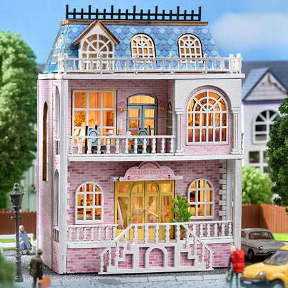 DIYミニ木製ドールハウス 家具付き ライト付き ドールハウス カーサ 組み立てモデル ピンク プリンセス ヴィラ 建築キット おもちゃ 誕生日