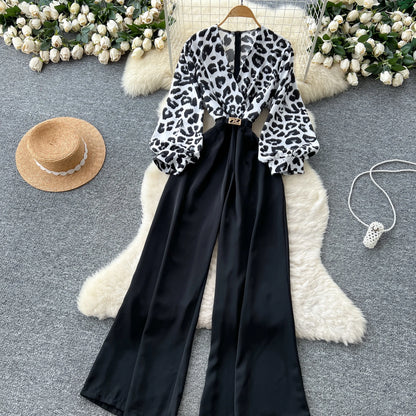 SINGREINY Autumn Leopard Long Jumpsuits V Neck Long Sleeves Belt Wide Legs Pants Women American Retro Senior Office Lady Rompers