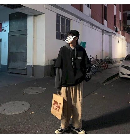 Hoodies men fake two-piece sweatshirt autumn stitching Korean loose contrast color hooded long-sleeved black  white gray design