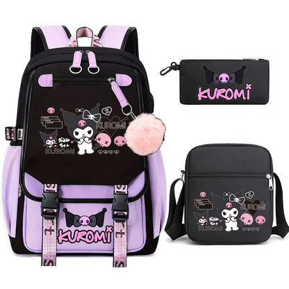 Kuromi Student Backpack 3pcs Cartoon Rucksack Girls School Bag High Capacity Women Backpack Female Cute Leisure Travel Mochilas