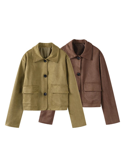 Retro Suede Jackets Women Elegant Single Breasted Lapel Brown Coats Female 2024 Autumn Winter Fashion Soft Pocket Outwears Lady