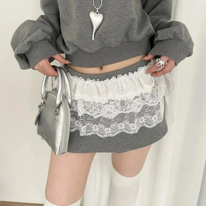 レディース Y2K 韓国風 レース ミニ レイヤード スカート ストリートウェア レースアップ フリル 原宿風 ハイウエスト プリーツ ジュペ スカート 衣服
