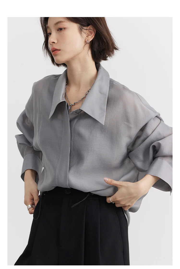 CHIC VEN Women Thin Shirt Long Sleeve Casual Loose Slightly Transparent Cool Blouses Woman Solid Design Female Top Summer 2024