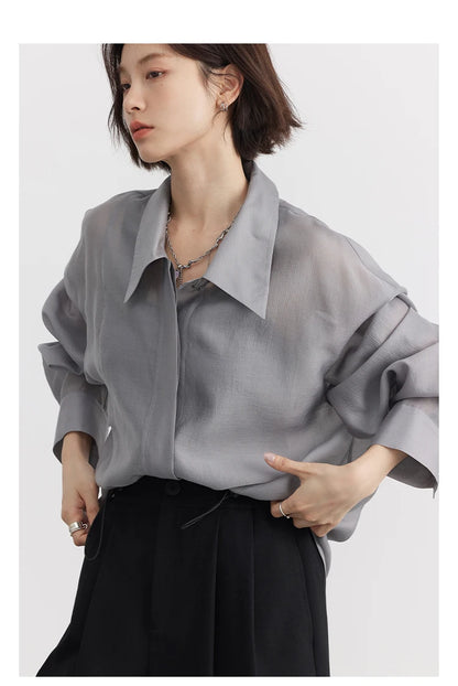 CHIC VEN Women Thin Shirt Long Sleeve Casual Loose Slightly Transparent Cool Blouses Woman Solid Design Female Top Summer 2024
