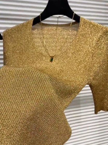 Gold Short-sleeved T-shirt for Women 2025 Summer New Style Chic Slim Ice Silk Knitted Top