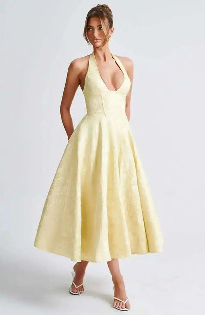 Giyu Club Evening Party Dresses Women 2025 Summer Sexy Bow Halter Long Dress Elegant Jacquard Lace Up Backless Birthday Robe