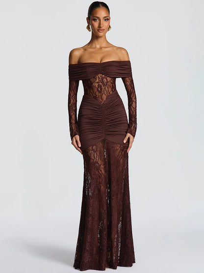 Mozision Off-shoulder Long Sleeve Sexy Maxi Dress Women Fashion Lace See Through Strapless Backless Bodycon Club Party Dresses