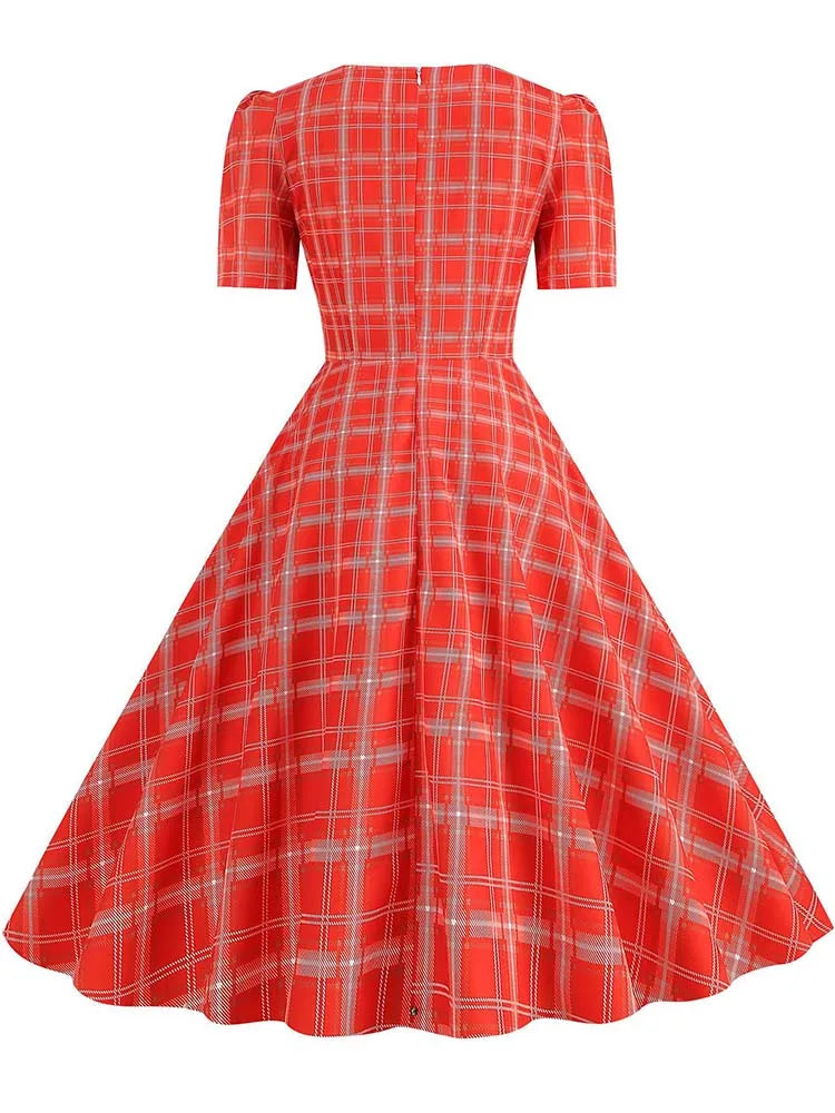 Green Plaid Swing Party Dresses Women Elegant Vintage Square Collar Short Sleeve Casual Summer Dress