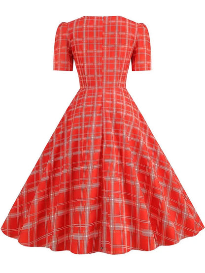 Green Plaid Swing Party Dresses Women Elegant Vintage Square Collar Short Sleeve Casual Summer Dress