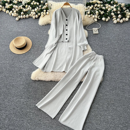 SINGREINY Autumn Knitted Warm Suits V Neck Buttons Vest+Full Sleeve Long Cardigans+Wide Legs Pants Women Solid Three Pieces Sets