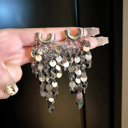 Luxury Exaggerated Metal Round Sequin Tassel Earrings for Women U-Shaped Big Elegent Personalized Party Girls Unusual Jewelry