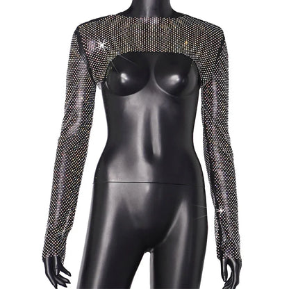Handmade Women's Glitter Diamante Crop Top Sexy Hollow out Design Black Shining Tube Vest Short Tank Clubwear with Diamonds