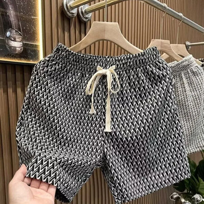メンズ ホワイト プリント チェック柄 ショートパンツ 夏 スタイリッシュ ストレートレッグ カジュアル ビーチパンツ 快適 ポケット付き 軽量 ストリート ショートパンツ