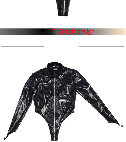 Shiny Faux PU Leather Zipper Open Crotch Bodysuit Wet Look PVC Catsuit Tight Sexy Body Teddies High Cut Swimsuit Leotard Unitard