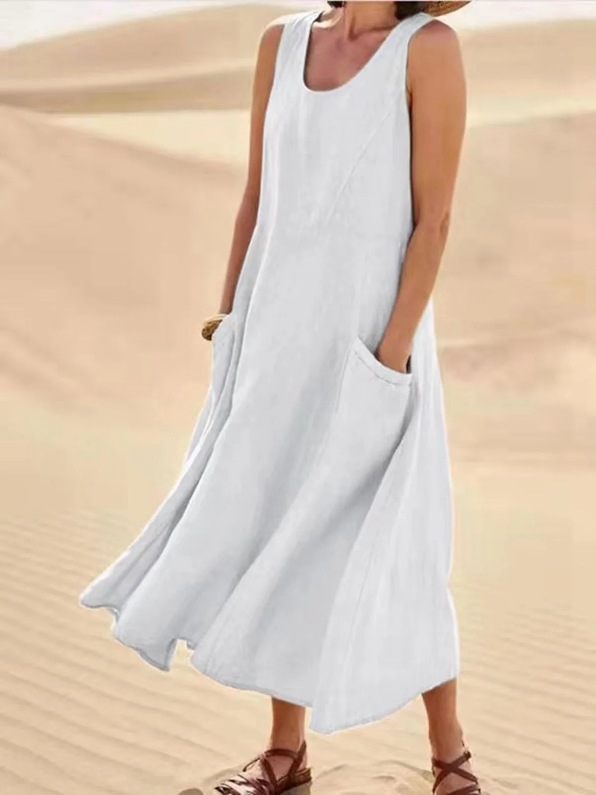 Chic Women Coton Linen Sundress Summer Female Sleeveless Double Big Pocket Loose Sand Beachwear Long Dress Oversized Vestidos