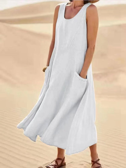 Chic Women Coton Linen Sundress Summer Female Sleeveless Double Big Pocket Loose Sand Beachwear Long Dress Oversized Vestidos