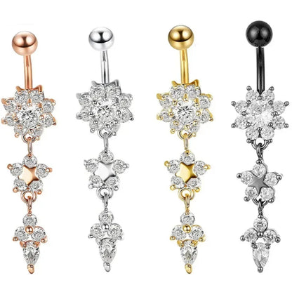 Alloy Zircon Navel Nail Ring Crystal Bar Barbell Drop Flower Dangle Body Piercing Belly Button Rings Men Women Body Jewelry Gift