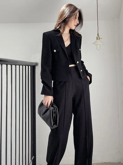 Zoki Casual Black Blazer Coats Women Fashion Slim Long Sleeve Elegant Short Jackets Fall Korean Double Buttons Office Lady Tops