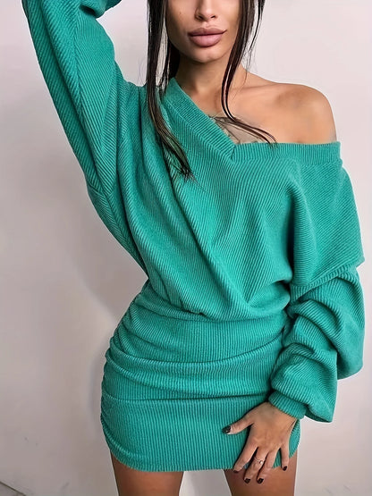 Ruched Bodycon Dress, Sexy Long Sleeve Bag Hip V Neck Mini Dress,Women's Clothing