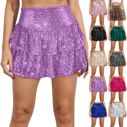 2024 Fashion Party Evening Clothes for Women Summer Sexy Elastic High Waist Sequin Mini Pleated Skirts Streetwear Short Dress
